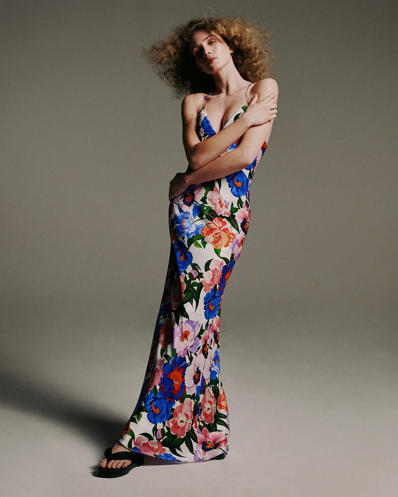 Olive Satin Maxi Dress - Floral Candy