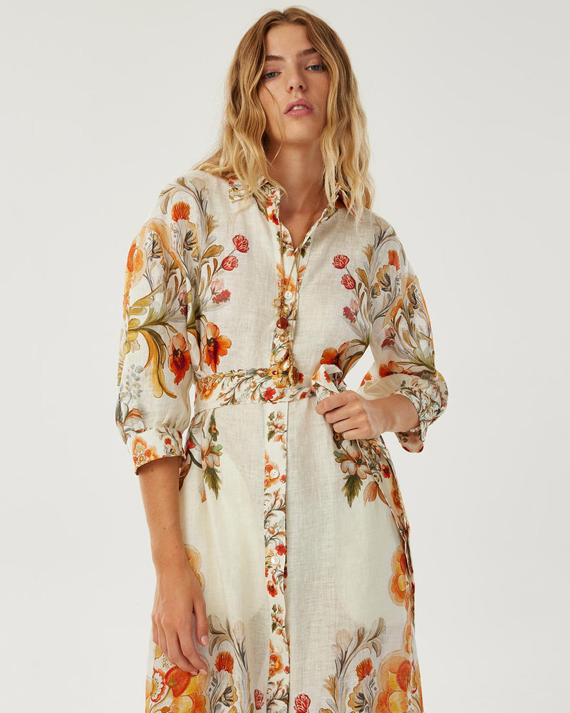 Bianca Linen Maxi Dress - Sun Fire Garden - Cream