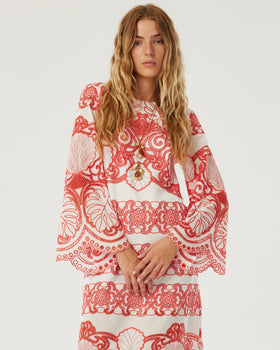 Seraphina Lace Midi Dress - White & Coral