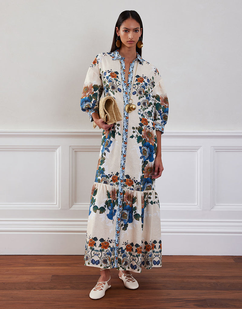 Bianca Linen Maxi Dress - Magical Blossom Cream