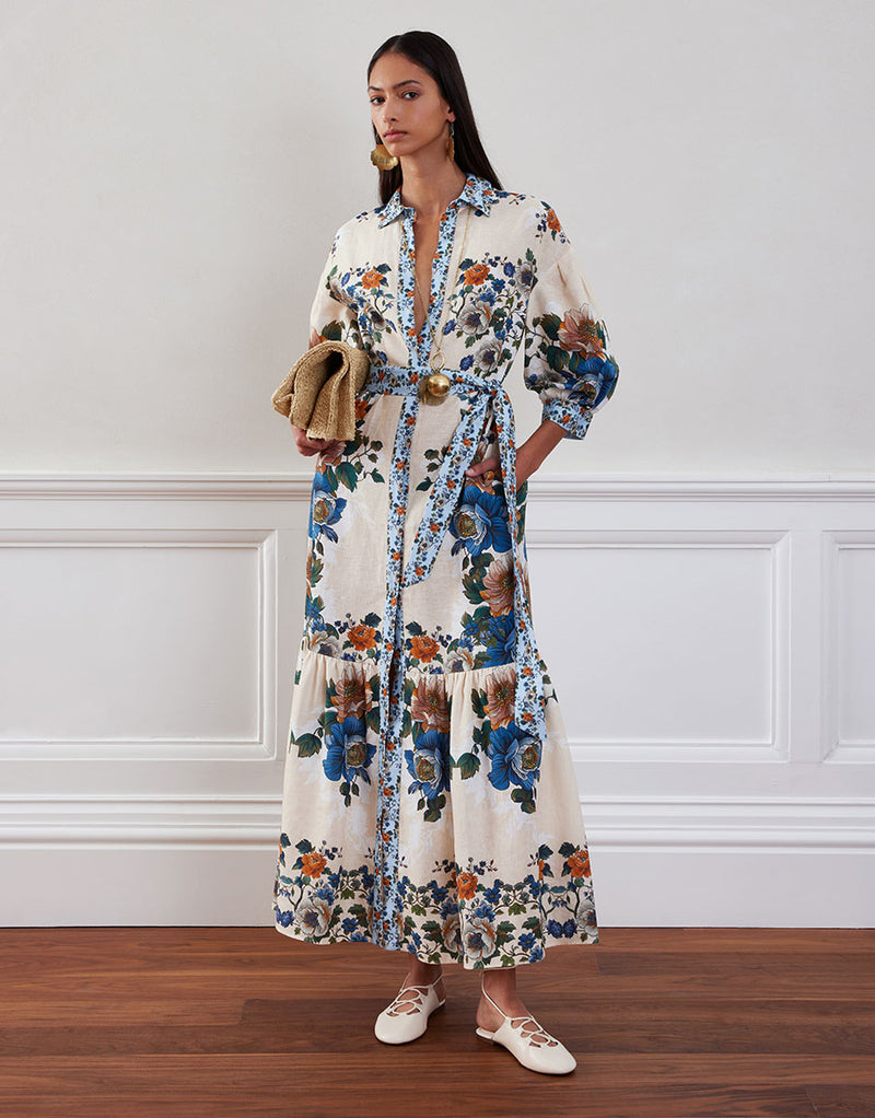 Bianca Linen Maxi Dress - Magical Blossom Cream