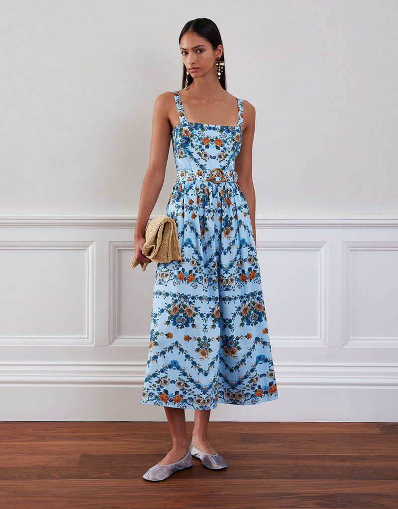 Ninet Cotton Midi Dress - Magical Blossom Blue