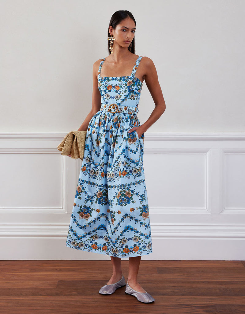 Ninet Cotton Midi Dress - Magical Blossom Blue