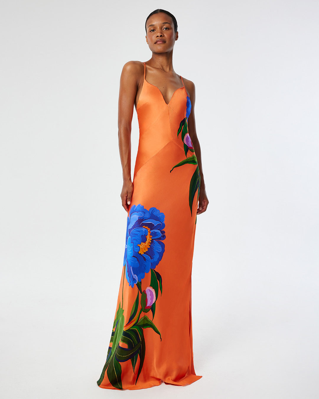 Olive Satin Maxi Dress - Floral Candy Coral