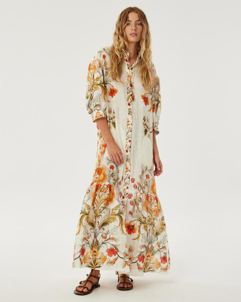 Bianca Linen Maxi Dress - Sun Fire Garden - Cream media 1