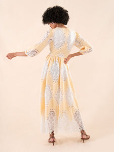 Constance Round Neck Lace Midi Dress - Pale Yellow