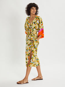 Raquel Lemon Floral Silk Midi Dress – Yellow